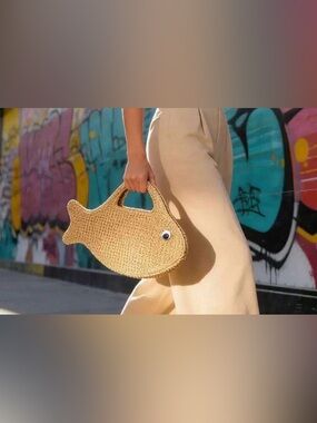 Woven Fish-Shaped Straw Tote Bag in Natural